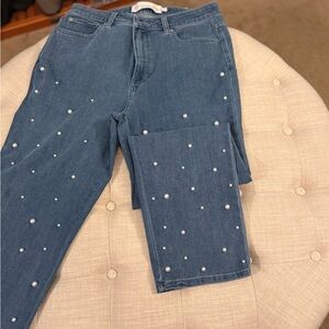 Soft Surroundings Blue Pearl Studded Straight Leg Jeans